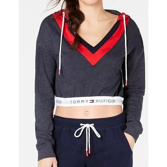 Womens Tommy Hilfiger Retro Cropped Lounge Hoodie Sz Small Sweatshirt V-Neck NEW - Picture 1 of 11